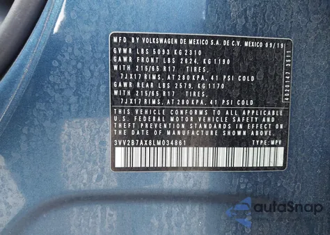 2020 Volkswagen Tiguan 2.0T Se/2.0T Se R-Line Black/2.0T Sel z USA, uszkodzony, nr VIN 3VV2B7AX8LM034861